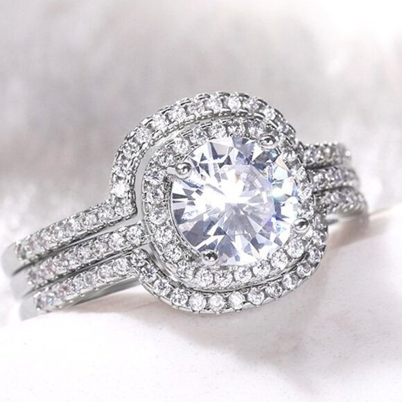 3pcs/set Engagement Square Zircon Silver Classic Romantic Ring Set, L121 - Picture 2 of 4